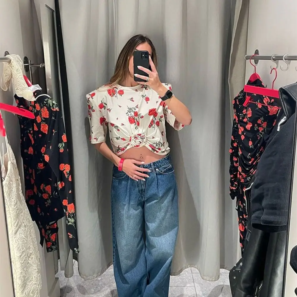 

Новые подплечники, футболка с цветочным принтом, уличная модная повседневная блузка, праздничная одежда, футболка с круглым вырезом