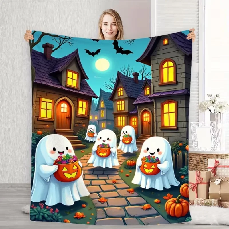 Cute Ghost Pink Umbrella Haunted Castle Bat Full‑moon Pumpkin Print Flannel Throw Blanket Soft Warm Blanket For Sofa Bed Decor