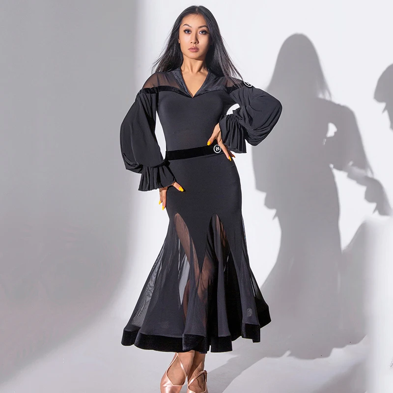 2022 Ballroom Dance Competition Dress For Women Long Sleeved Bodysuit Fishbone Skirt Suit Female Modern Dance Performance Dress