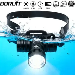 BORUiT B14 1200LM LED Scuba Diving Headlamp IPX8 Waterproof Underwater 60M Headlight 3-Mode Use 18650 Battery Diving Light