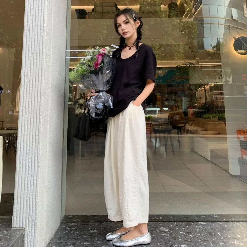 

Solid Color High Waist Pants Elastic High Waist Wide Leg Trousers for Women with Pockets Solid Color Loose Fit Long for Summer