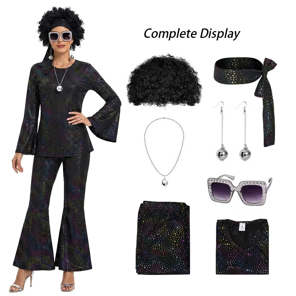 Ladies' Halloween disco party 70s disco costume set including top pants sunglasses necklace earrings and wig role-playing view 5