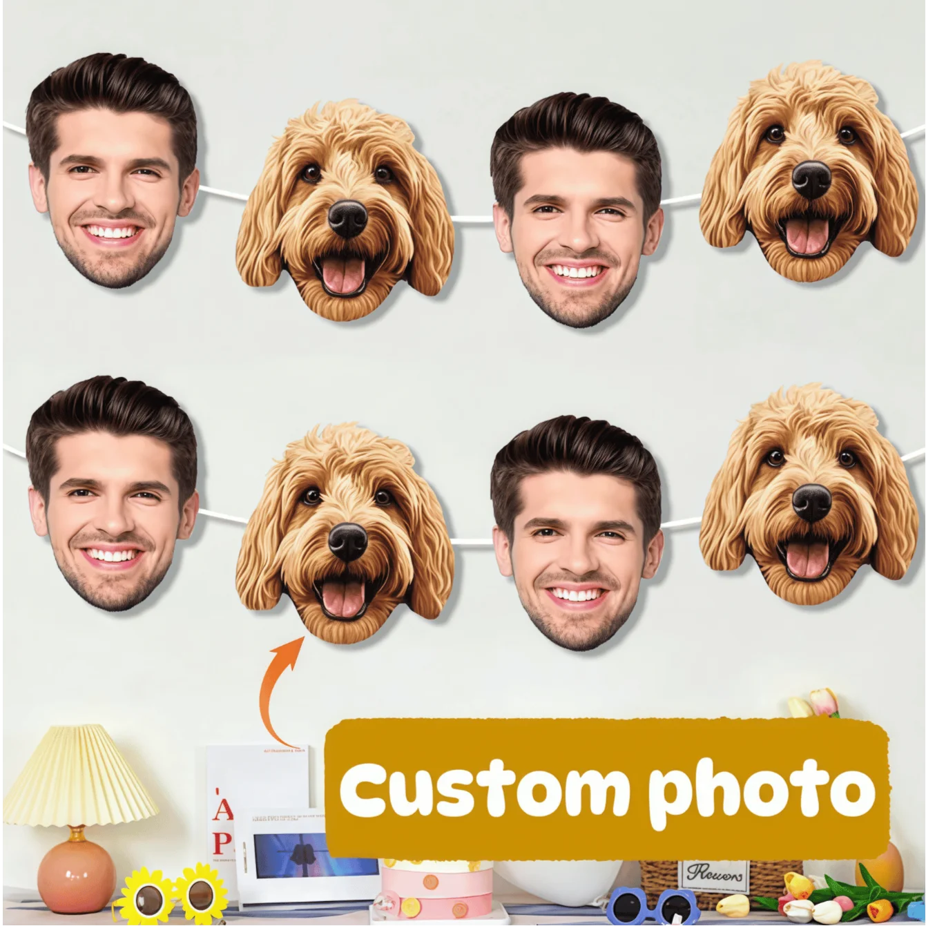 Custom Photo Face Banner, Personalized Human & Pet Head Garland Bunting for Birthday, Bachelorette & Party Decorations