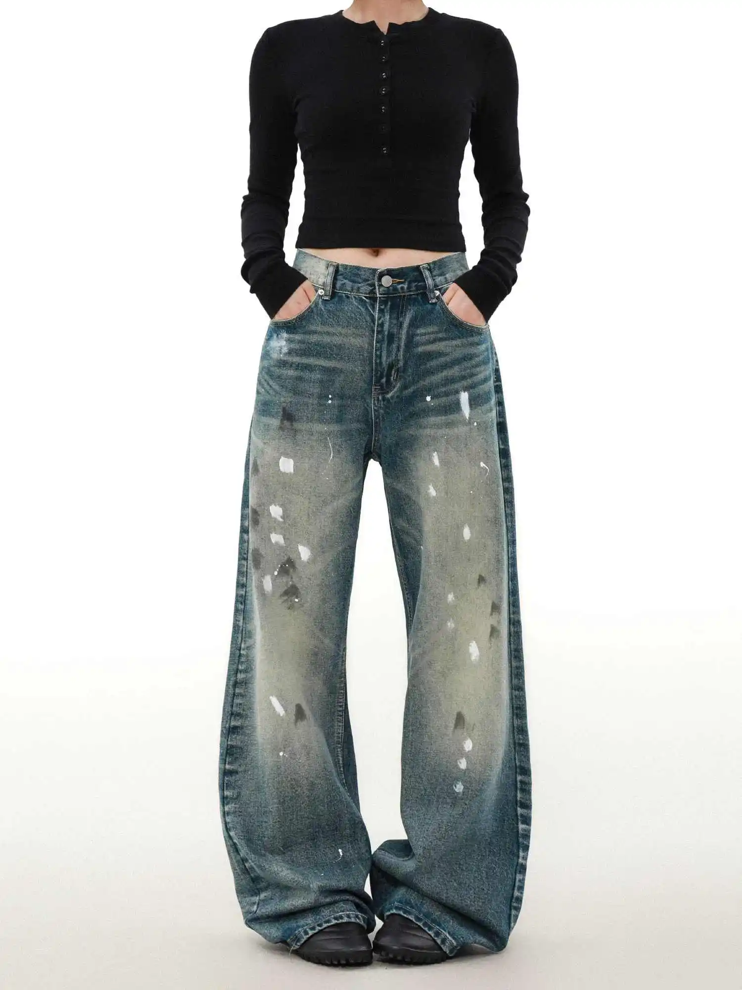 Women's Blue Y2k Graffiti Jeans Japanese 2000s Style Boyfriend Jean Pants Vintage Harajuku Baggy Grunge Hip Hop Denim Trousers