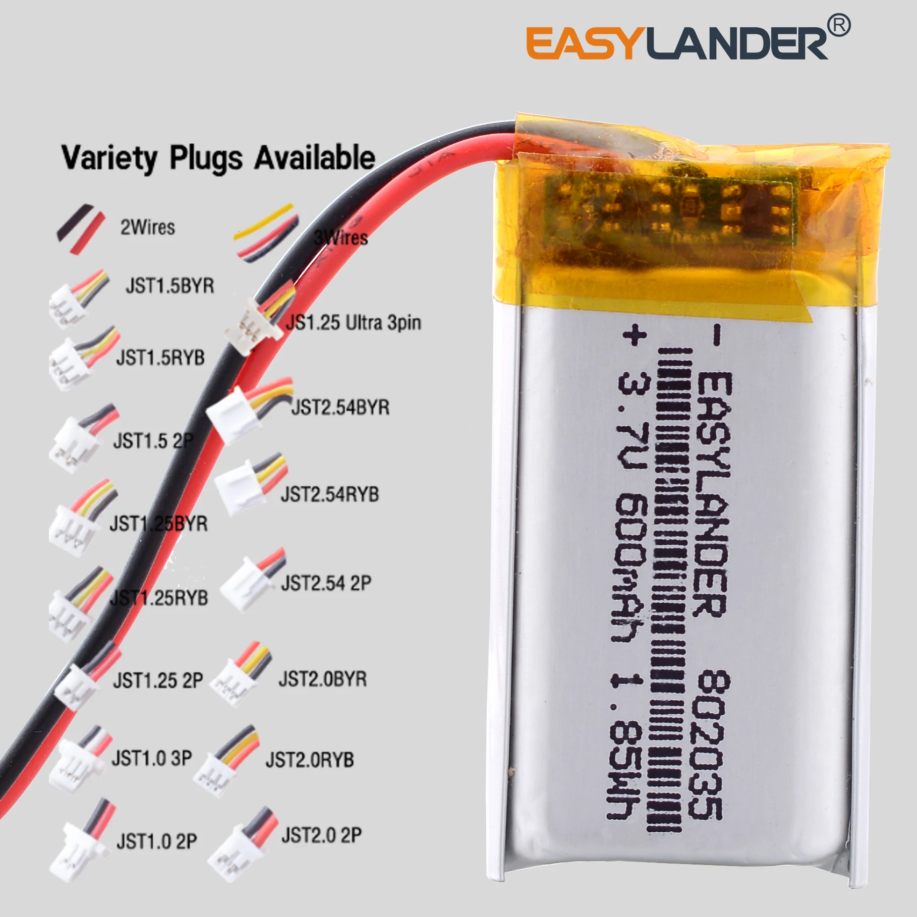 JST2.0mm 3Pin JST1.0 2P JST1.25 2P 802035 3.7V 600mAh batterie Lithium Lipo Li-ion polymère Rechargeable
