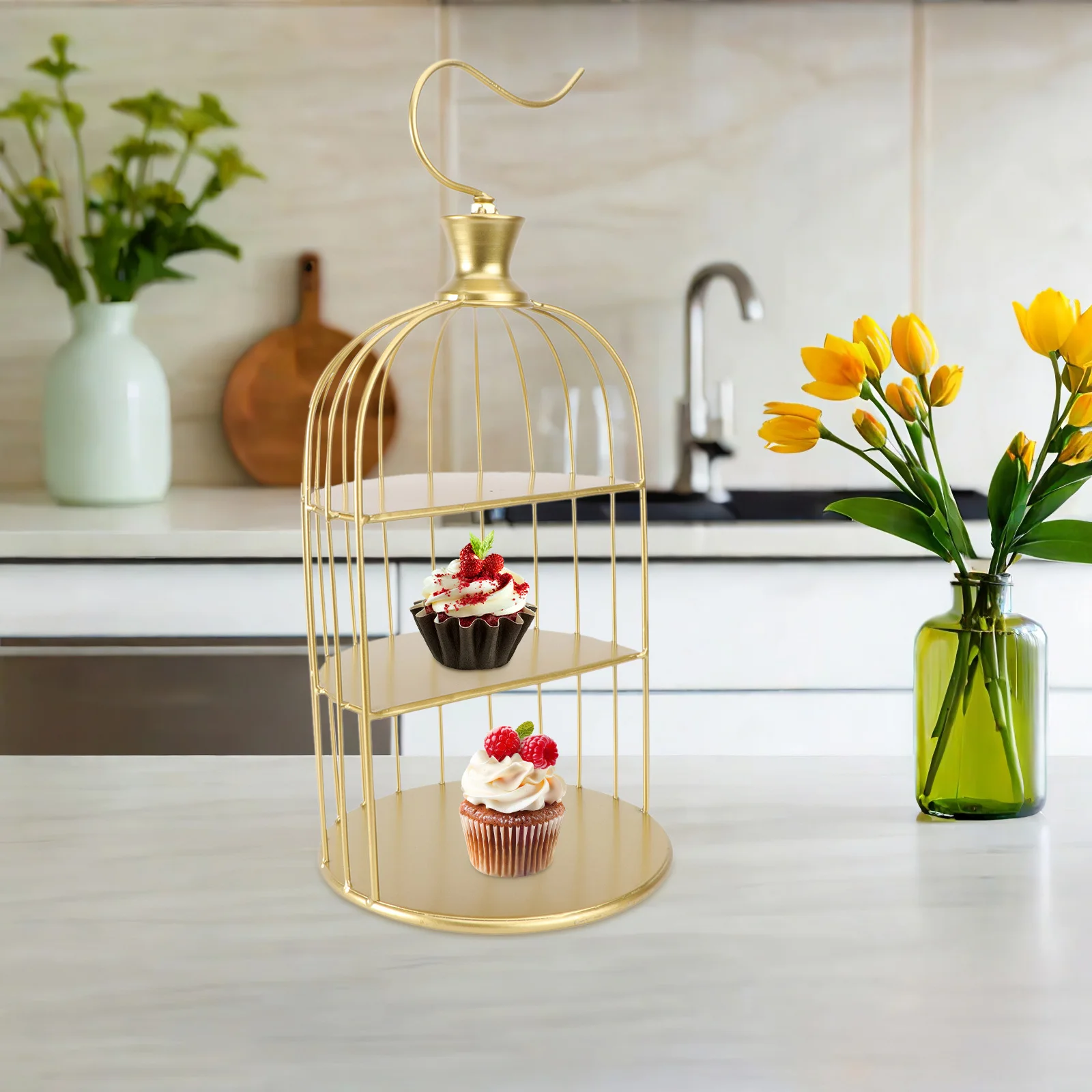 حامل كعكة ممتاز مستوحى من قفص الطيور مع ثلاث طبقات يعزز عرض الحلوى في حفلات الولائم وإعدادات الديكور المنزلي