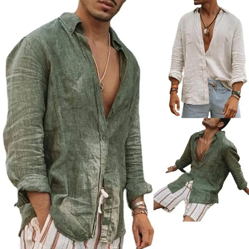 

Повседневная мужская одежда из хлопка и льна с воротником-стойкой Long Sve irt из полиэстера, весна-лето-осень Faion M Topwear