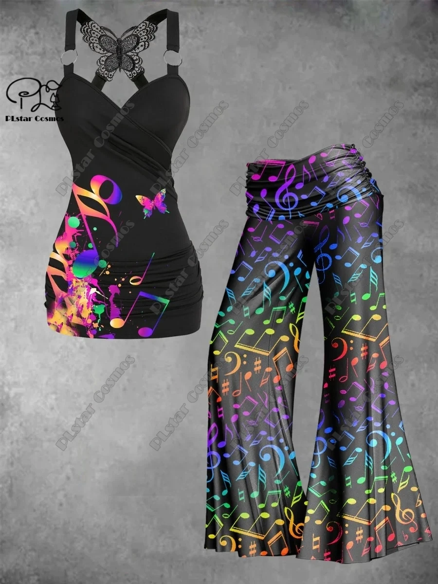 PLstar Cosmos new 3D printed women's gradient faded feather music element butterfly vest + wide-leg pants two-piece set