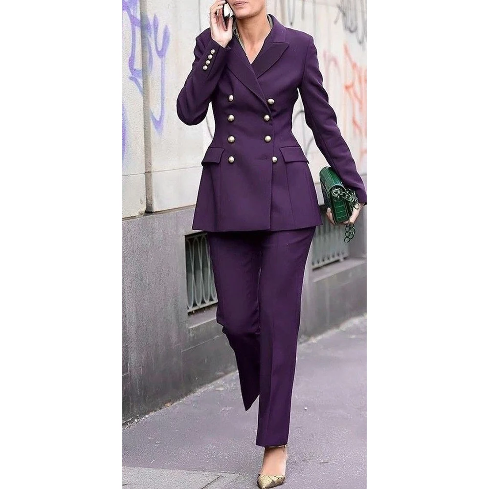 Purple Women Suits Double Breasted Peak Lapel Slim Fit 2 Piece Jacket Pants Outfits Blazer Office Lady Chic Clothing Tenro 2024