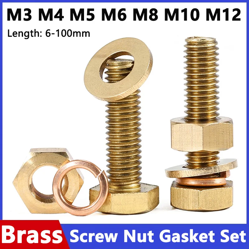 

M3 M4 M5 M6 M8 M10 M12 Brass Screw Nut Sets External Hex Bolt Flat Washer Elastic Gasket Nut Kit Metric Thread Length 6-100mm