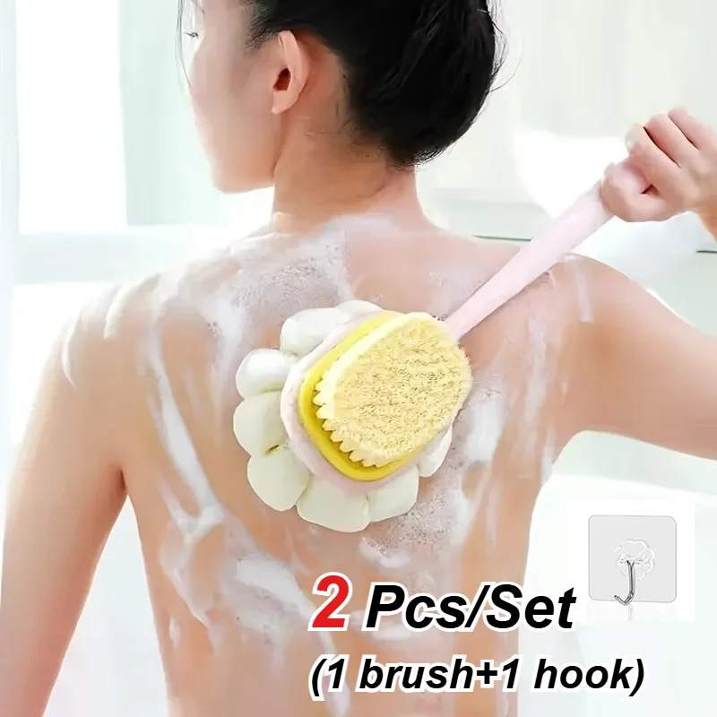 2 PCS/Set (1 Brush+1 Hook) Extended Loofah Net Back Brush Long Handle Shower Body Brush Random Color with Soft Mesh Sponge Brush