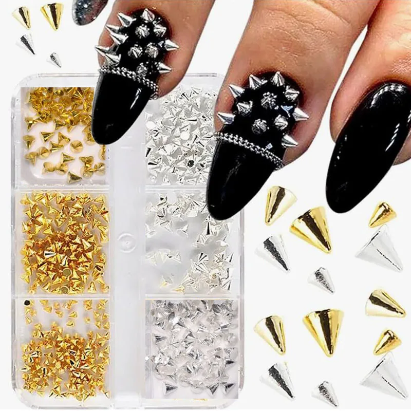 150Pcs Punk Nail Studs Charms 6grids Gold/Silver/Black Gothic Nail Cone Studs Nail Jewels Alloy Spike Studs Nail Decor 1.5-3mm