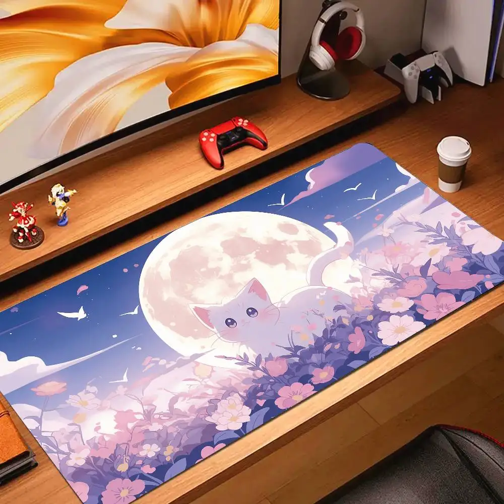 Adorable Pink Cat Design Mouse Pad – XXL Gaming Desk Mat with Kitten Design for Girls, Soft Non-Slip Surface for Office and Home