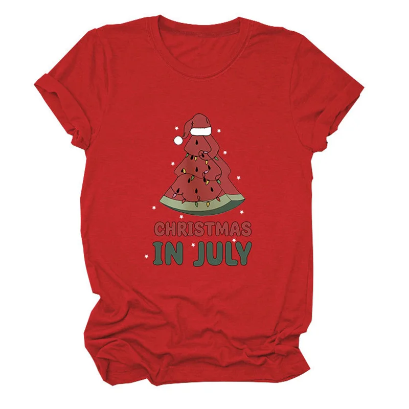 New summer fashion women's cotton christmas in july melon letter printed short vintage round neck T-shirt