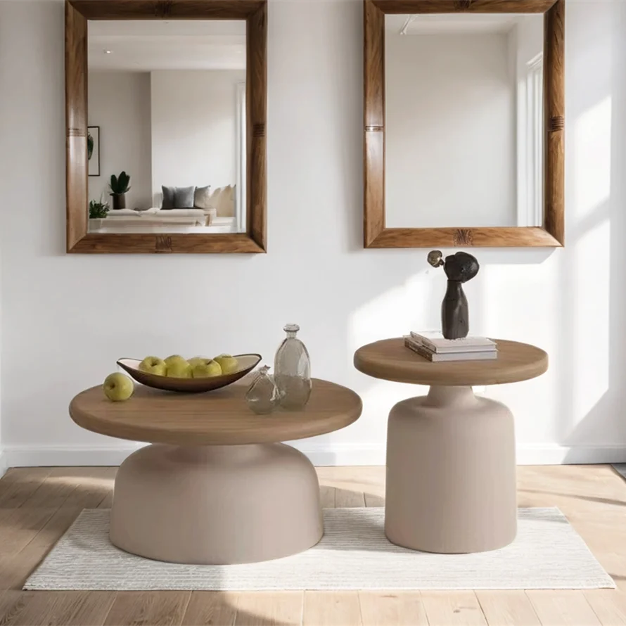 Cream wind solid wood coffee table living room household small apartment simple modern Japanese log round edge table 2024 new