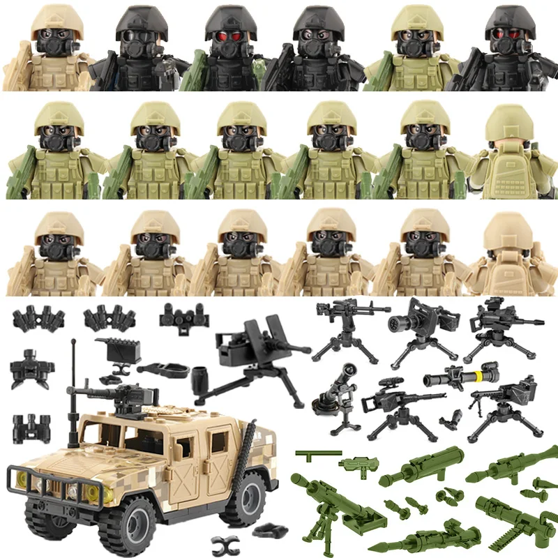 

Military Building Blocks Solider Figures Gifts Weapons Guns Accessories Equipment Off-road Vehicle Mortar Machine Gun Kid Toys