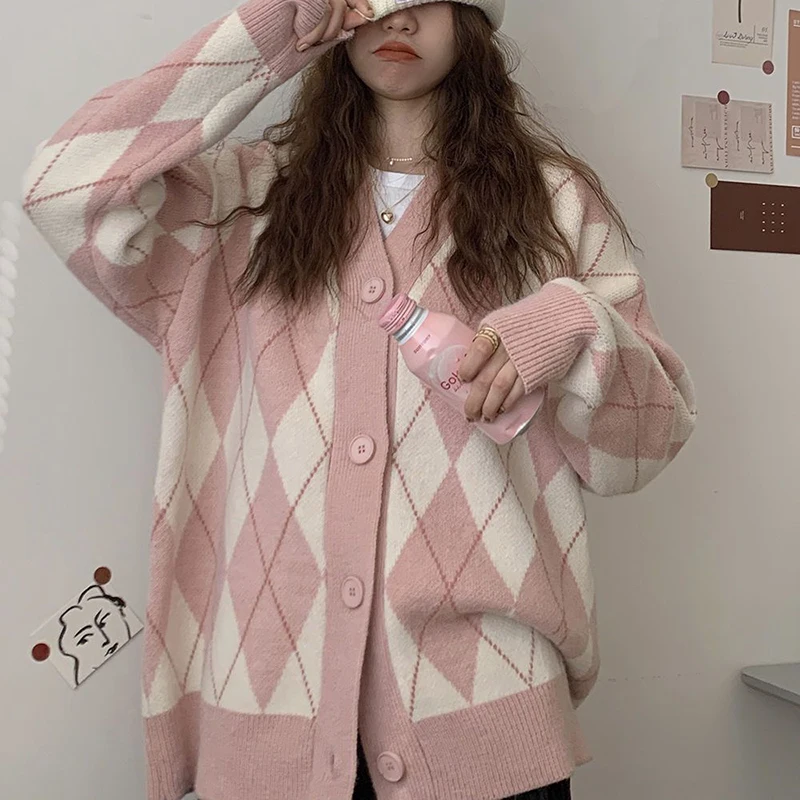 Korean Style Pink Cardigans for Women 2023 Autumn Winter Loose Knitted Plaid Sweater Woman Single-Breasted Long Sleeve Knitwear