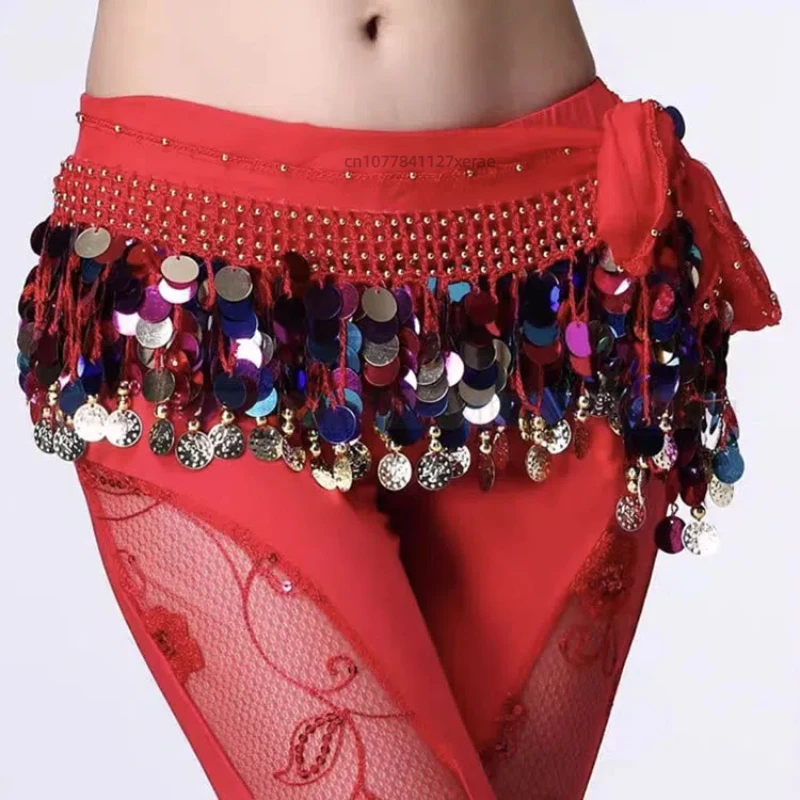 

Belly Dance Waist Chain Chiffon Three Layer Wave Beginner Waist Scarf Square Dance Costume Hip Scarf Performance Gold Coin Belt