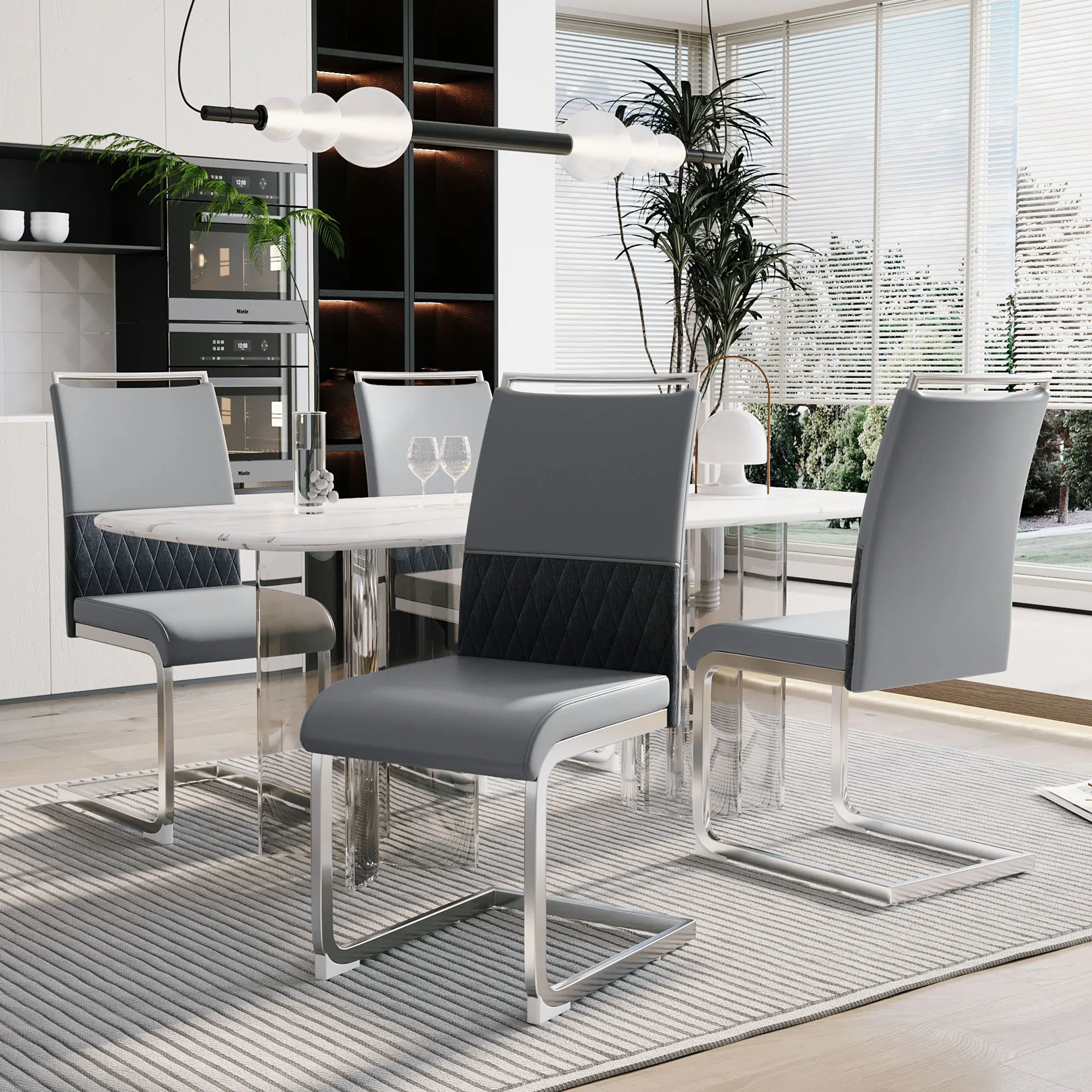 Modern Dining Chairs Set of 4, PU Faux Leather and Linen Backrest, High Back Upholstered Side Chair