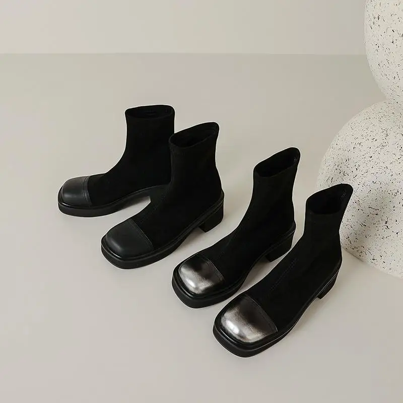 Krazing Pot Cow Leather Round Toe Thick High Heels Winter Warm Elastic Boots Mixed Color Fashion Gradient Color Ins Ankle Boots image 6