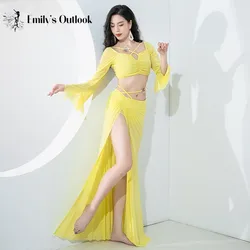 Sexy Dance Dresses Adults Women Water Yarn Gauze Dancewear 2 Piece Long Sleeve Stage Clothes Belly Dance Competition Show Wear