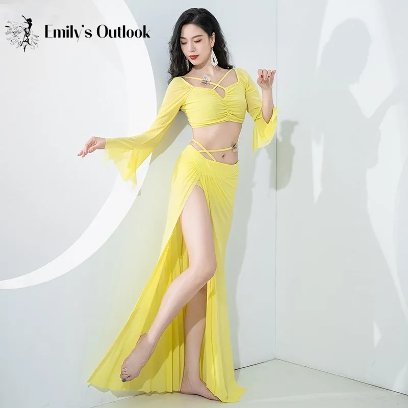 Sexy Dance Dresses Adults Women Water Yarn Gauze Dancewear 2 Piece Long Sleeve Stage Clothes Belly Dance Competition Show Wear