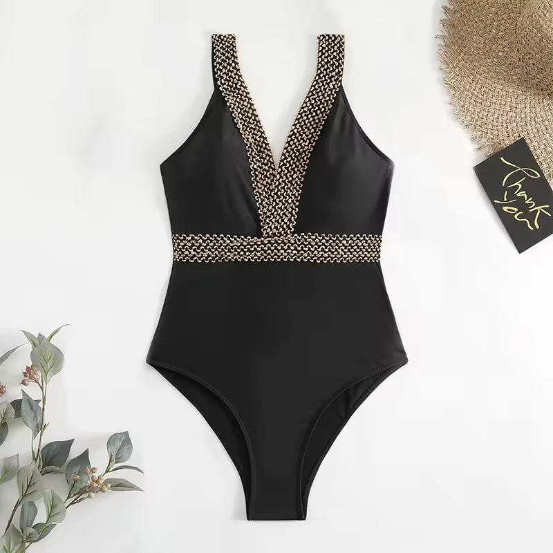 Black One Piece Swimsuit Women Criss Cross Swimwear Sexy High Cut Bodysuit Deep V Backless Beachwear
