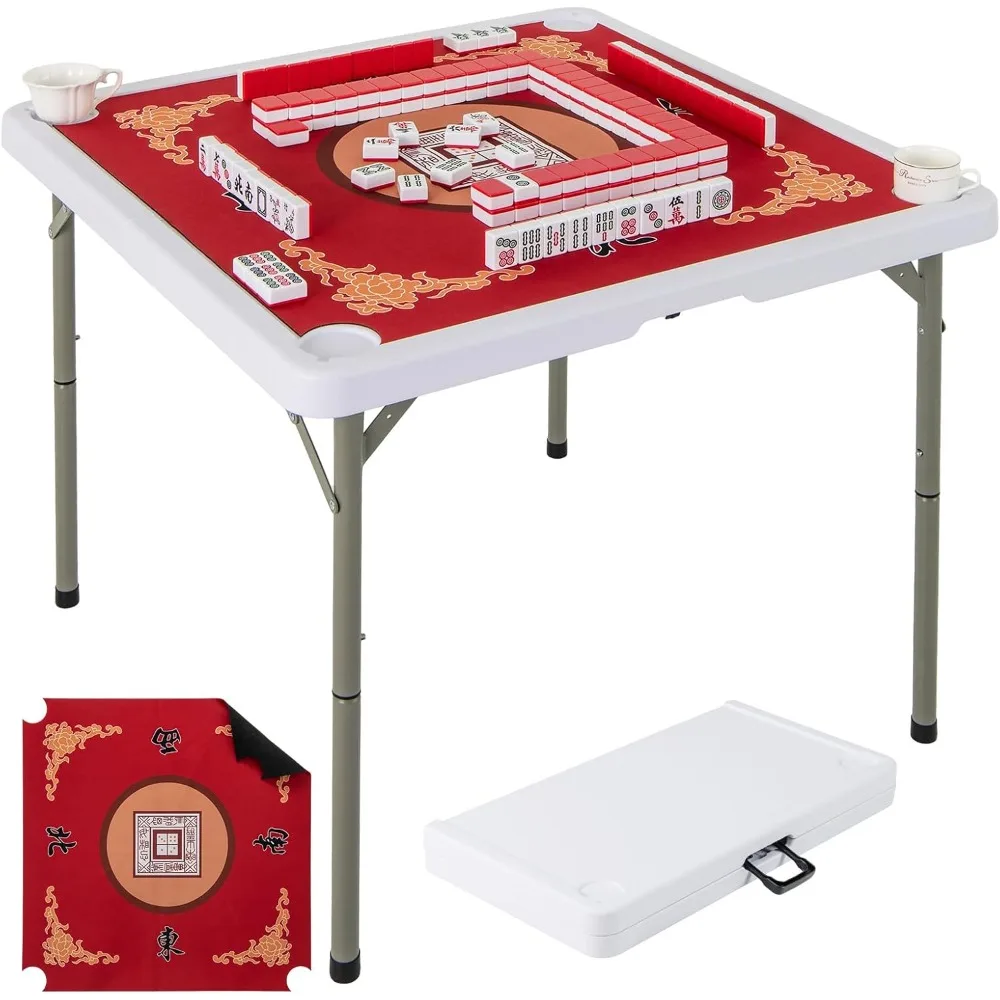 

Mahjong Table, Square Folding Card Table w/4Cup Holders, Anti Slip Mat, HDPE Tabletop, Metal Legs