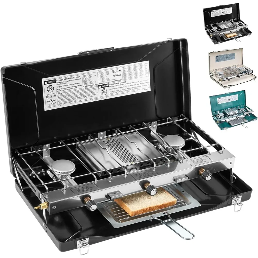 

Camping Stove 3 Burner 20400 BTU Propane Portable Stove with Griddle, Regulator, Toast Tray, Windshield