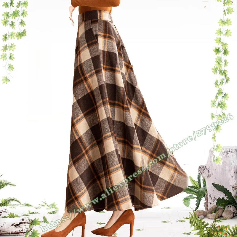 plus Size 5XL A-Line Women's Skirt Retro Vintage Plaid Woolen Elegant Autumn Winter Fashion for Women Maxi Long Skirts