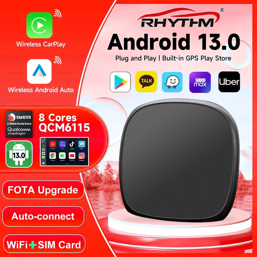 Android 13 Rhythm CarPlay AI Box Qualcomm SM6115 беспроводной Android Авто Смарт ТВ-бокс SIM 4G LTE WiFi точка доступа для Netflix YouTube