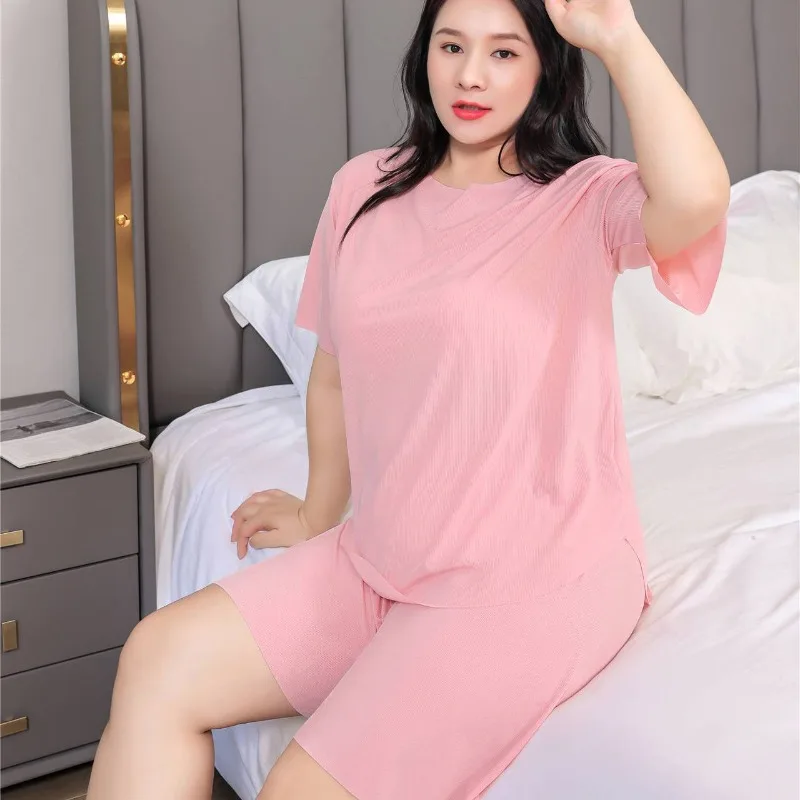 In The Summer Extra Large Size Ice Silk Short Sleeve Shorts Thin Loose Can Be Worn Outside 100KG Fat Girl Loungewear Set Female