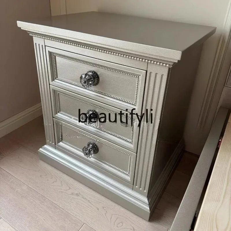 Bedroom three-draw bedside table American French solid wood carving retro bedside table