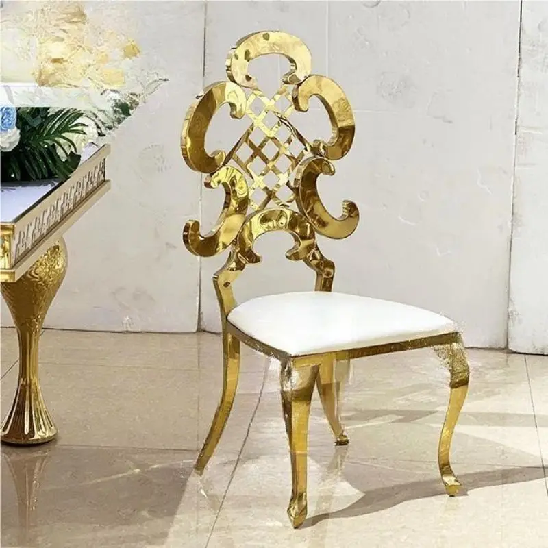 Highend Wedding Banquet Chair, Rose Gold Stainless Steel Frame, Flower Cross Backrest Design, Pink Cushion