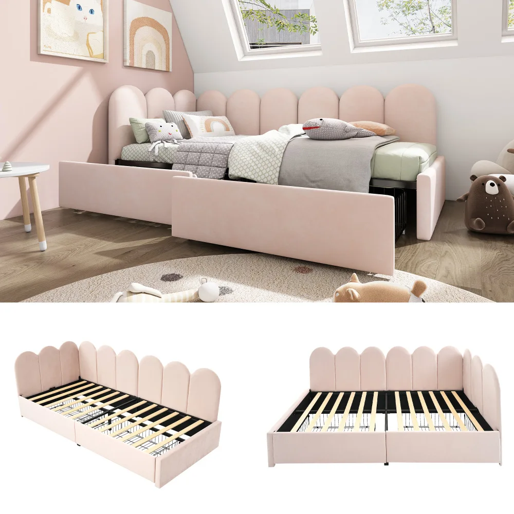 Gepolstertes Bett, Einzelbett mit Schubladen, Stauraumbett, Schlafsofa mit Gitterrost, Jugendbett und Kinderbett für Erwachsene (ohne Matratze)