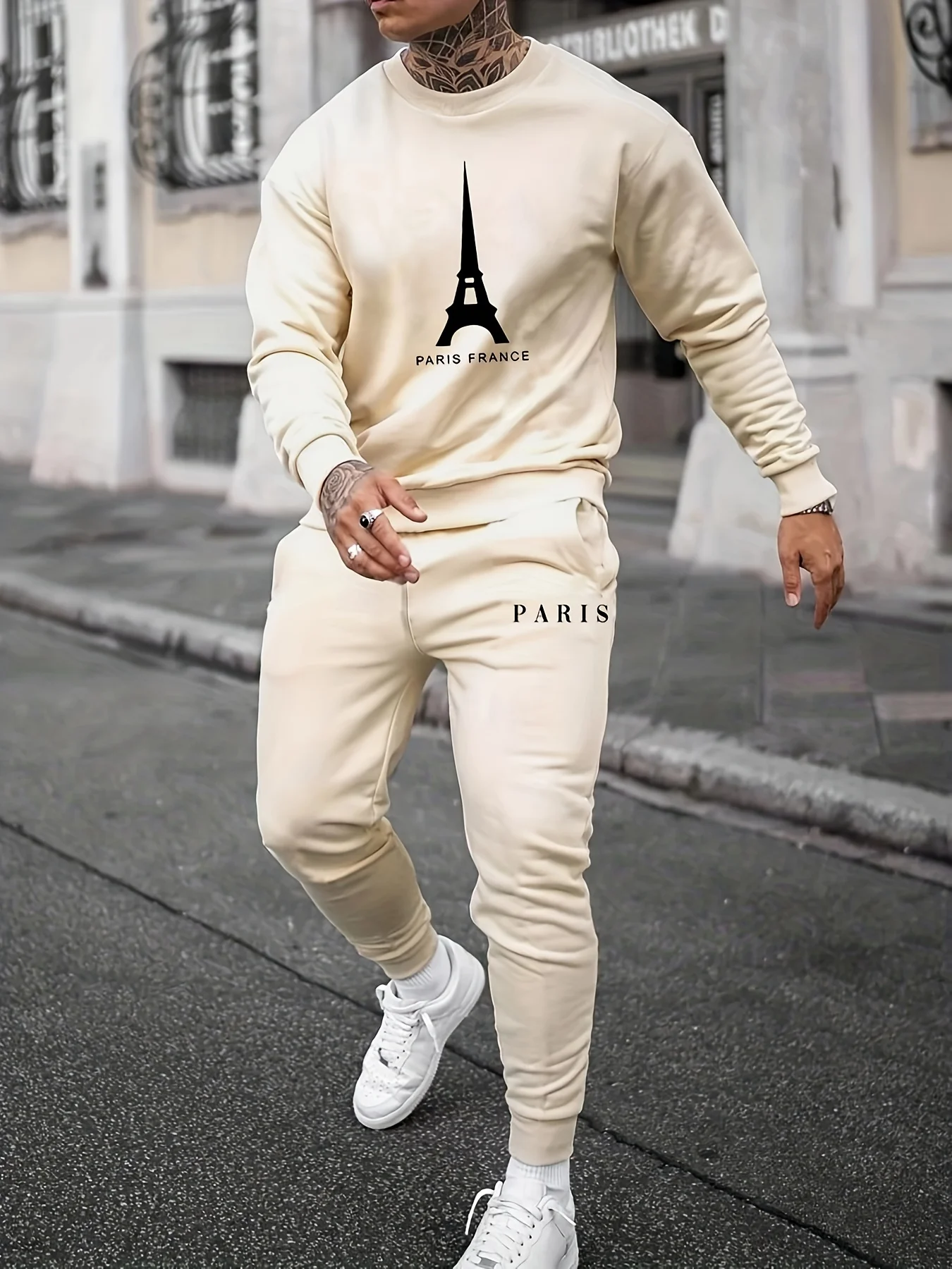 Men's autumn and winter casual Paris Tower Print loose and plush thick round neck sweatshirt+sports pants set