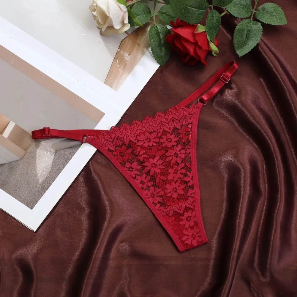 Breathable Low Waist Lace Flower Thongs Soft Traceless Adjustable Belt Briefs Underpants Solid Color Sheer T-back Panties Girls