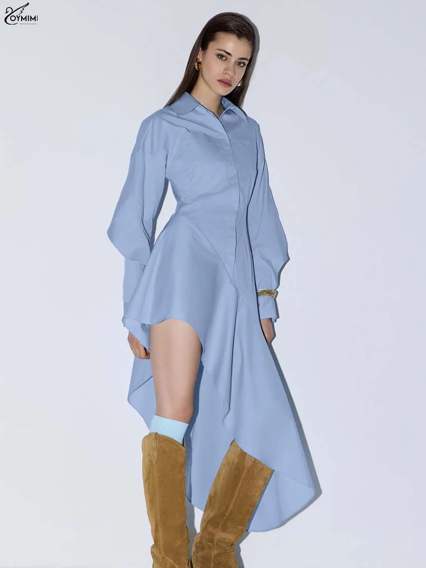 

Oymimi Fashion Blue Cotton Dresses 2025 Woman Elegant Lapel Long Sleeve Pockets Dress Casual Single Breasted Asymmetrical Dress
