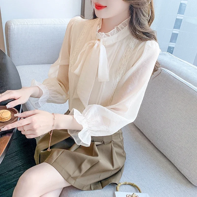 Fashion Long Sleeve Bow Collar Women Shirt Apricot Casual Chiffon Shirt Blouse Women Tops Blusas Mujer De Moda 2024 Blusa H548