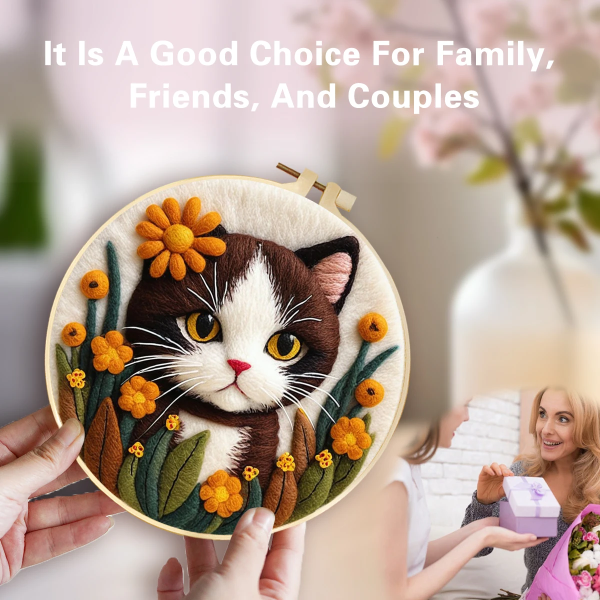 CHENISTORY﻿ DIY Wool Needle Felting Kit for Beginners Cat  Printed Pattern Complete Craft Set with Tools & Frame Creative Decor