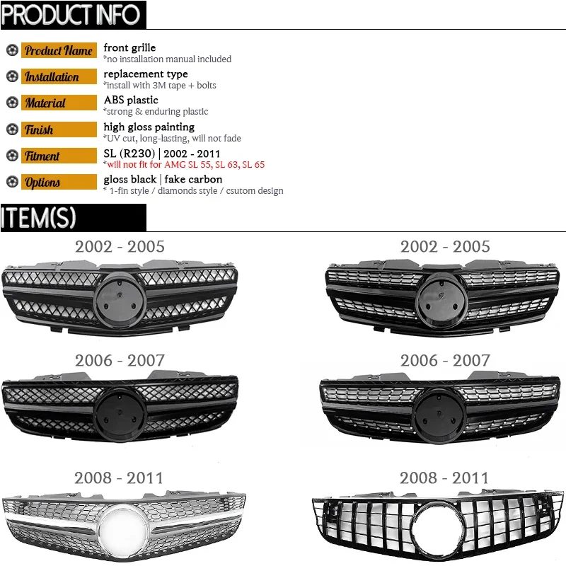SL65-style Front Bumper GT Diamond 1-Fin ABS Radiator Grille for Mercedes Benz SL Class R230 2002 - 2011 SL350 SL500 SL550 SL600