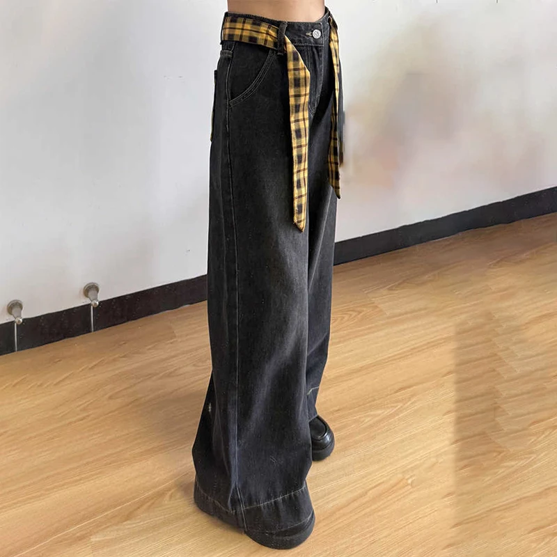 아메리칸 스타일 블랙 그레이 스트레이트 청바지 여성 여름 새로운 격자 무늬 붕대 높은 허리 넓은 다리 데님 바지 스트리트웨어