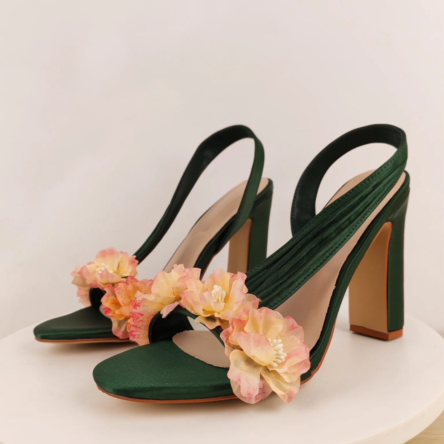 Block Heels Slingback Flowers Sandals for Women Open Toe Slip On Satin High Heels Summer Fashion Elegant Party Dress Shoes