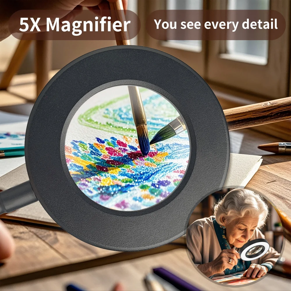 5X Magnifying Glass with Light and Stand, Dimmable LED Magnifier Desk Lamp with Clamp, 3 Color Modes & 10 Brightness, Flexible Gooseneck Task Light for Reading, Crafts, Sewing, Nail Art, Soldering