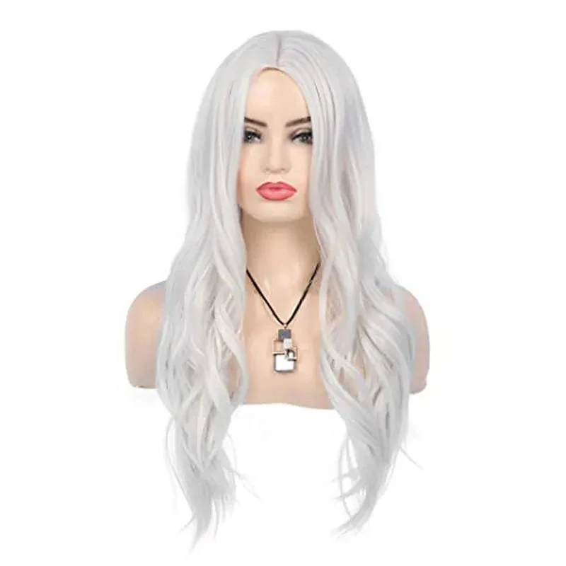 Peruca longa ondulada prateada branca com destaques para mulheres, parte média natural, perucas sintéticas, resistente ao calor