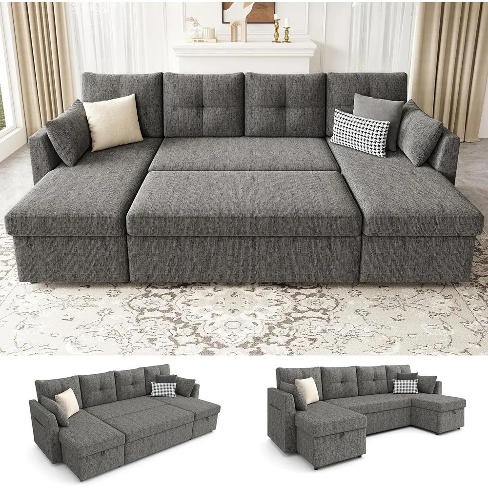 

110 Double Storage Chaise Sleeper Sofa, 2-in-1 Couch Bed, Dark Grey for Living Room