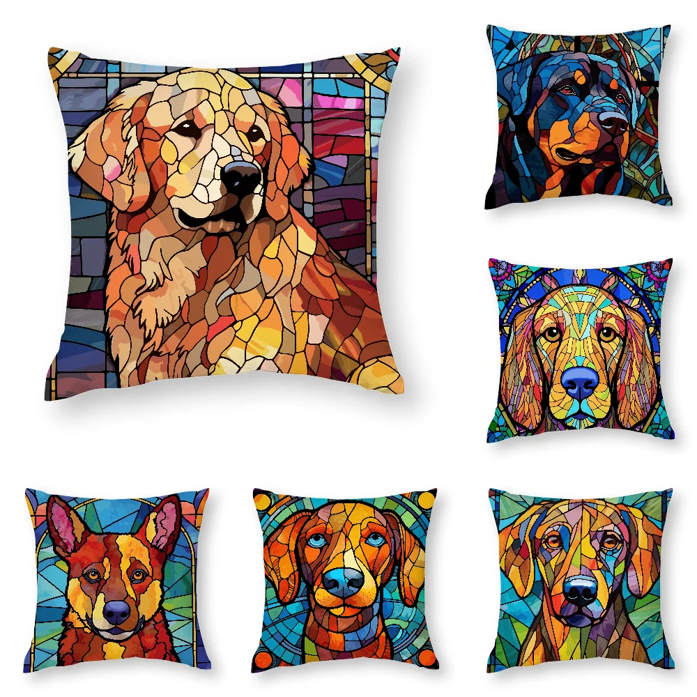 

Stained Glass Dog Pillow Case 3D Print Polyester Fiber 45*45 cm Home Sofa Throw Pillow Cover Decoration Festival Gift