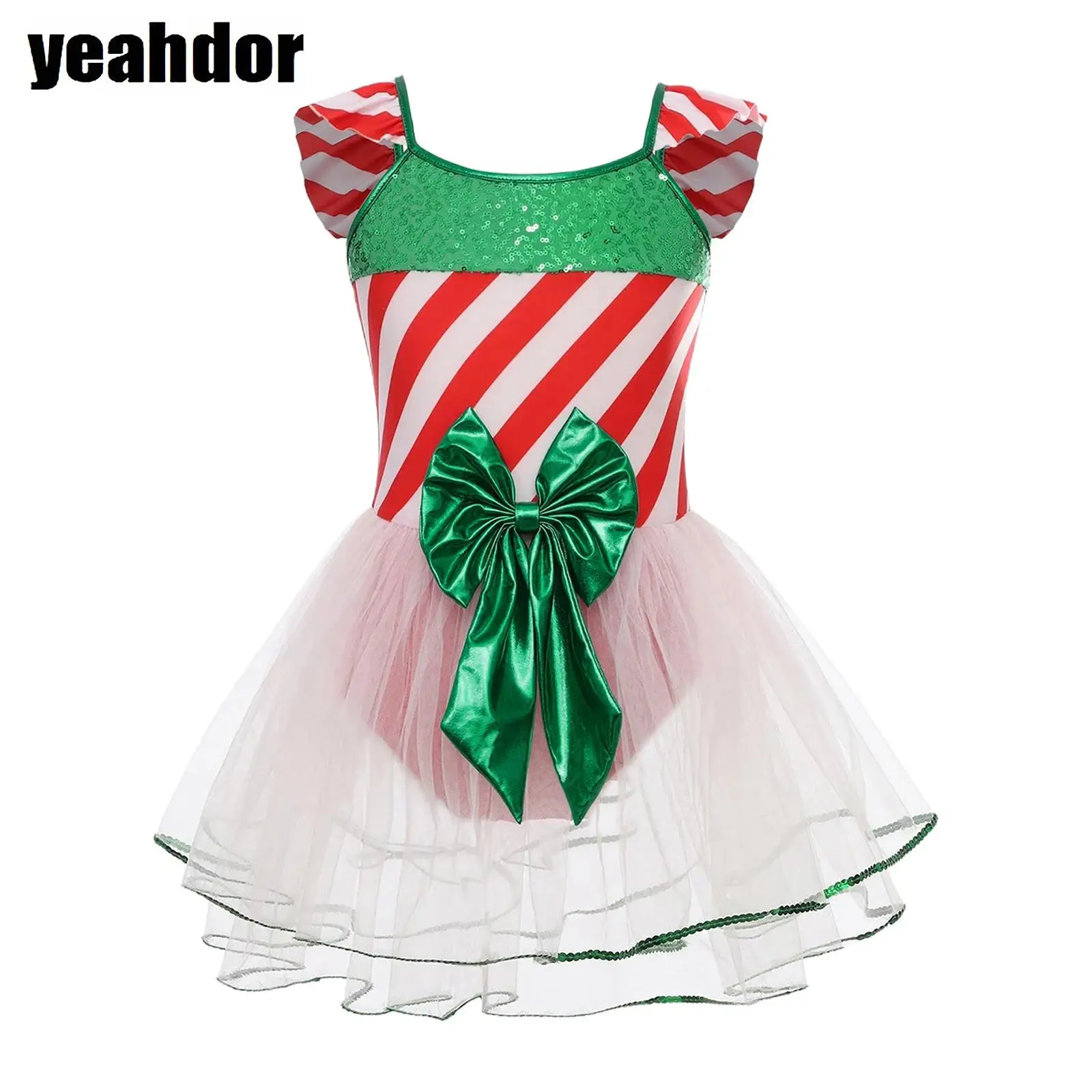 

Girls Christmas Ballet Dance Tutu Dress Candy Cane Mesh Dress Sequin Stripes Bow Gymnastic Leotard Dress New Year Elf Costumes