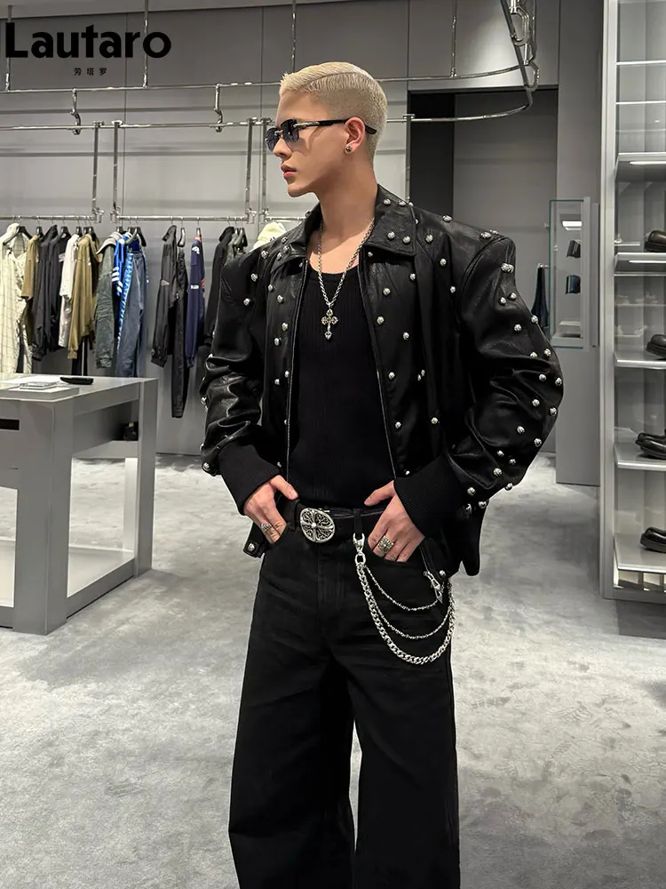 

Mauroicardi Spring Autumn Short Black Studded Pu Leather Jacket Men Luxury Brands Original Cyberpunk Fashion Punk Rock Clothes