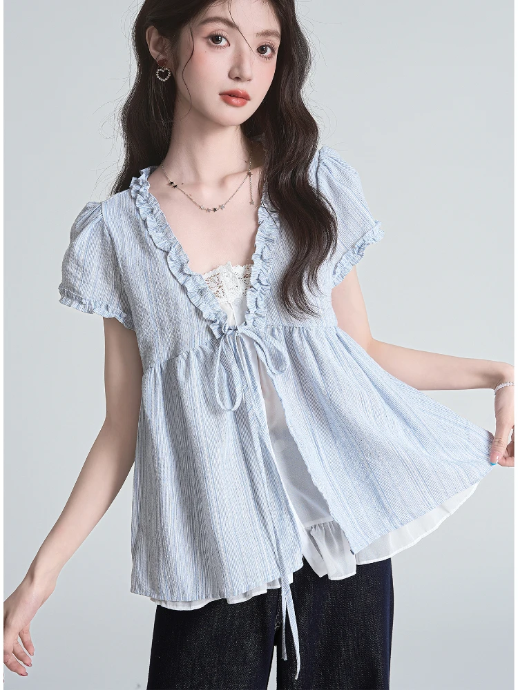 Koreańska Moda Damska Letnia Duży Rozmiar Lolita Słodka Bluzka Urocze Falbanki Bufiaste Rękawy Bandage Top Udający Dwuczęściowy Koreański Trend